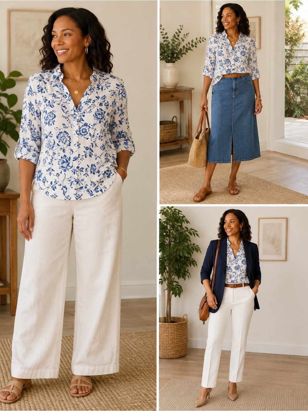 CYNTHIA ROWLEY Blue White Floral 100% Linen V-neck 3/4 Sleeve Shirt Tunic 1X